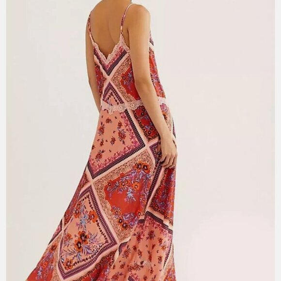 Free People Stevie Scarf Print Maxi Dress Boho Floral Lace Trim Slip Style Size - Picture 2 of 10